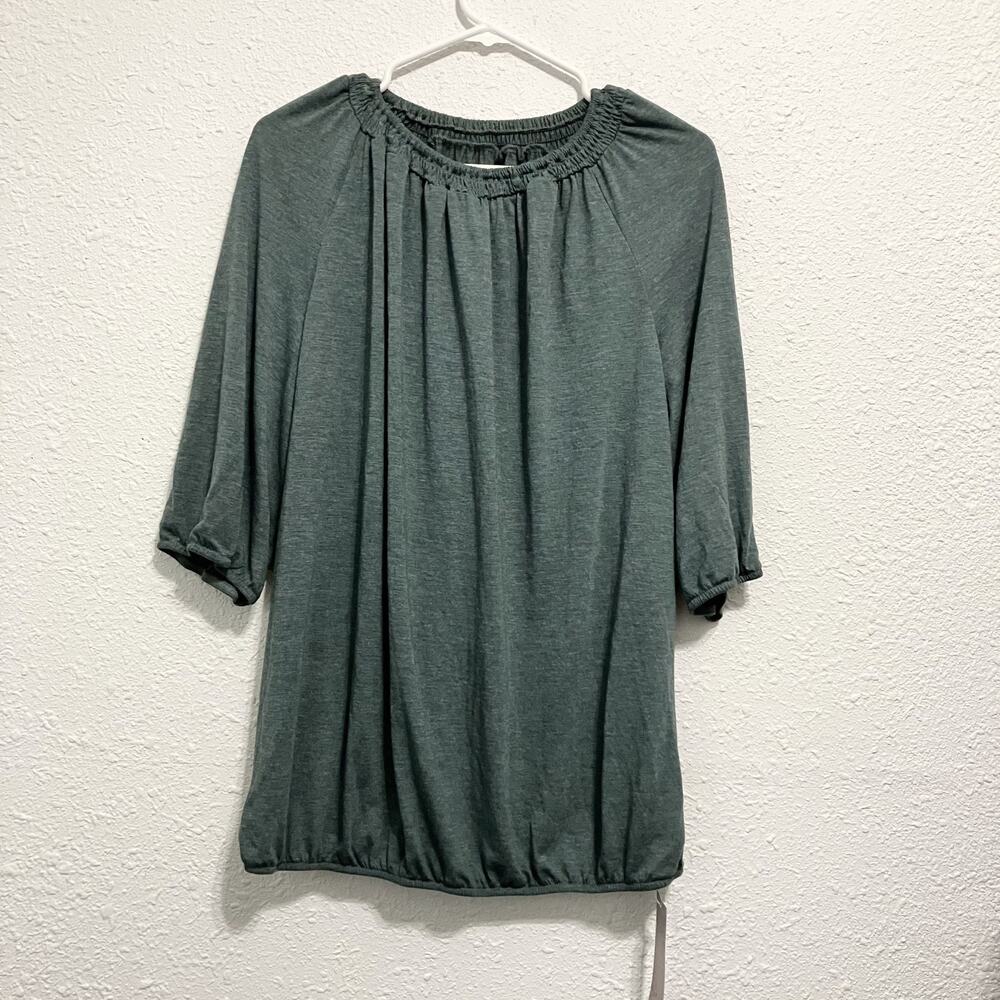 Emery Rose Womens 1XL Heathered Green Blouson Top 3/4 Sleeve Gathered Neck NWT